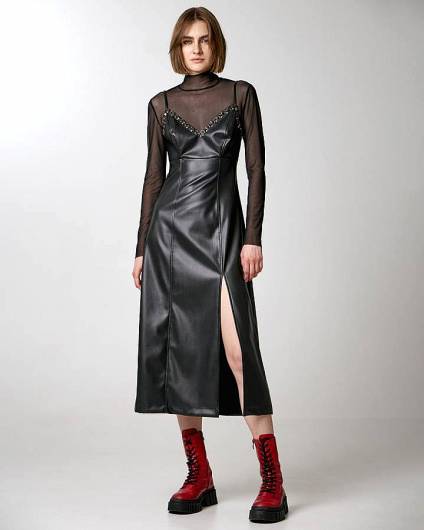 ACCESS - Γυναικείο Φόρεμα όψη δέρματος με τρουκ 34-3310 Μαύρο