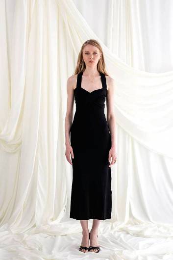 MIND MATTER - Πλεκτό μαύρο φόρεμα χιαστί ράντες WARREN MML24-01-09-004 BLACK