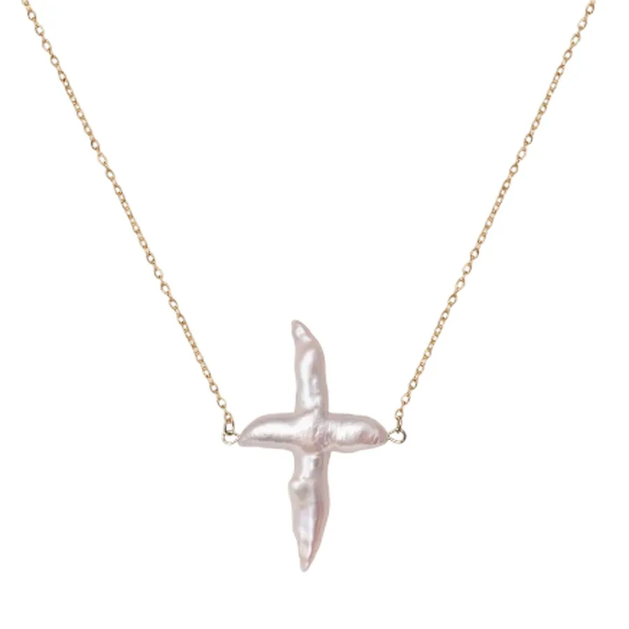 ALMYNOMA - Γυναικείο κολιέ PEARL CROSS Gold/White