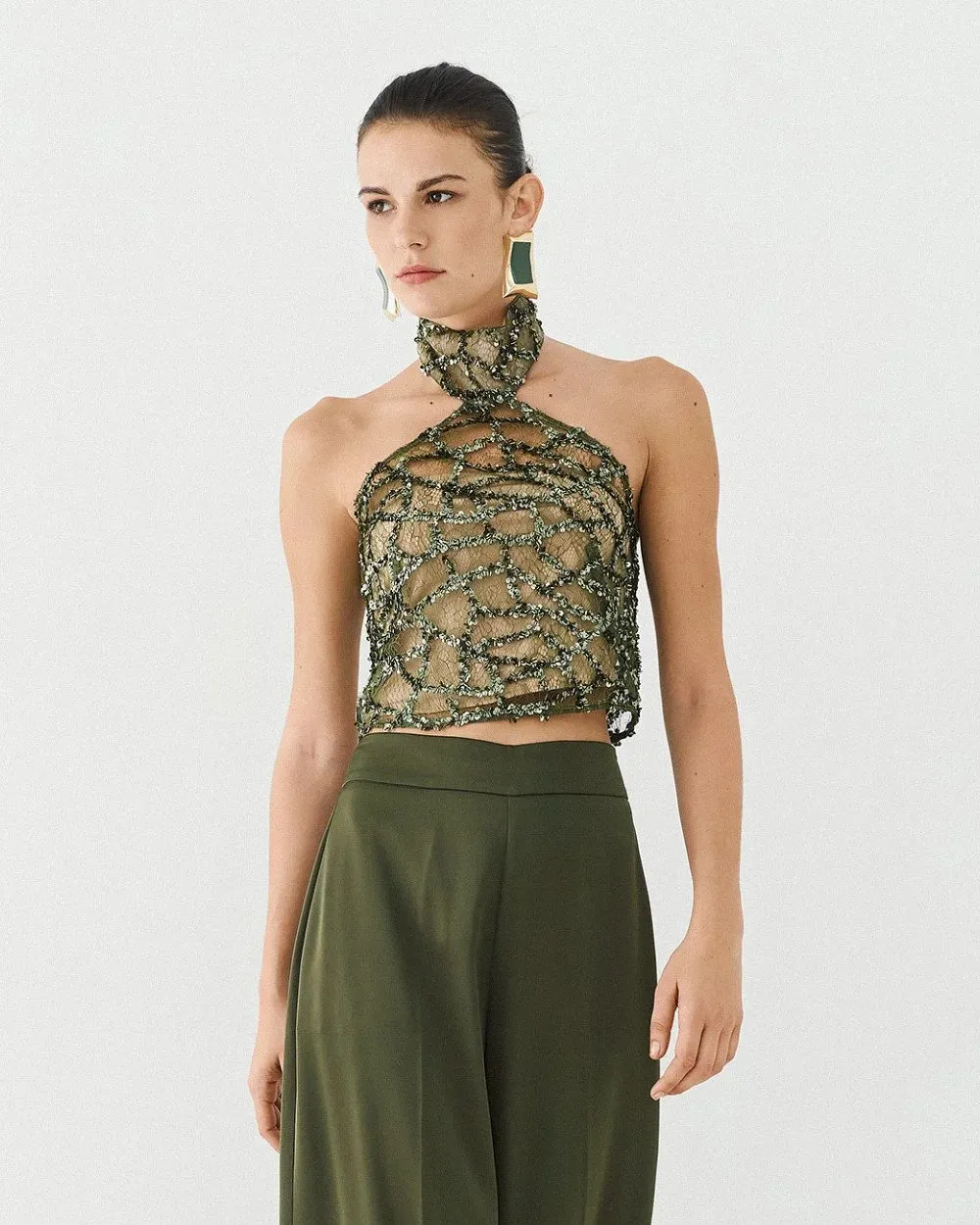 ACCESS - Γυναικείo Τοπ halter με παγιέτες 64-2163 OLIVE