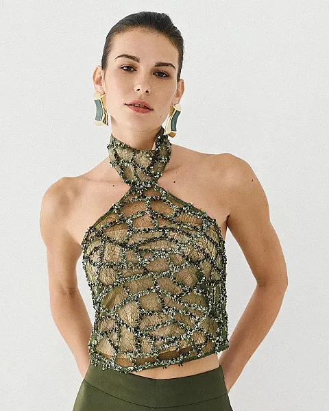 ACCESS - Γυναικείo Τοπ halter με παγιέτες 64-2163 OLIVE