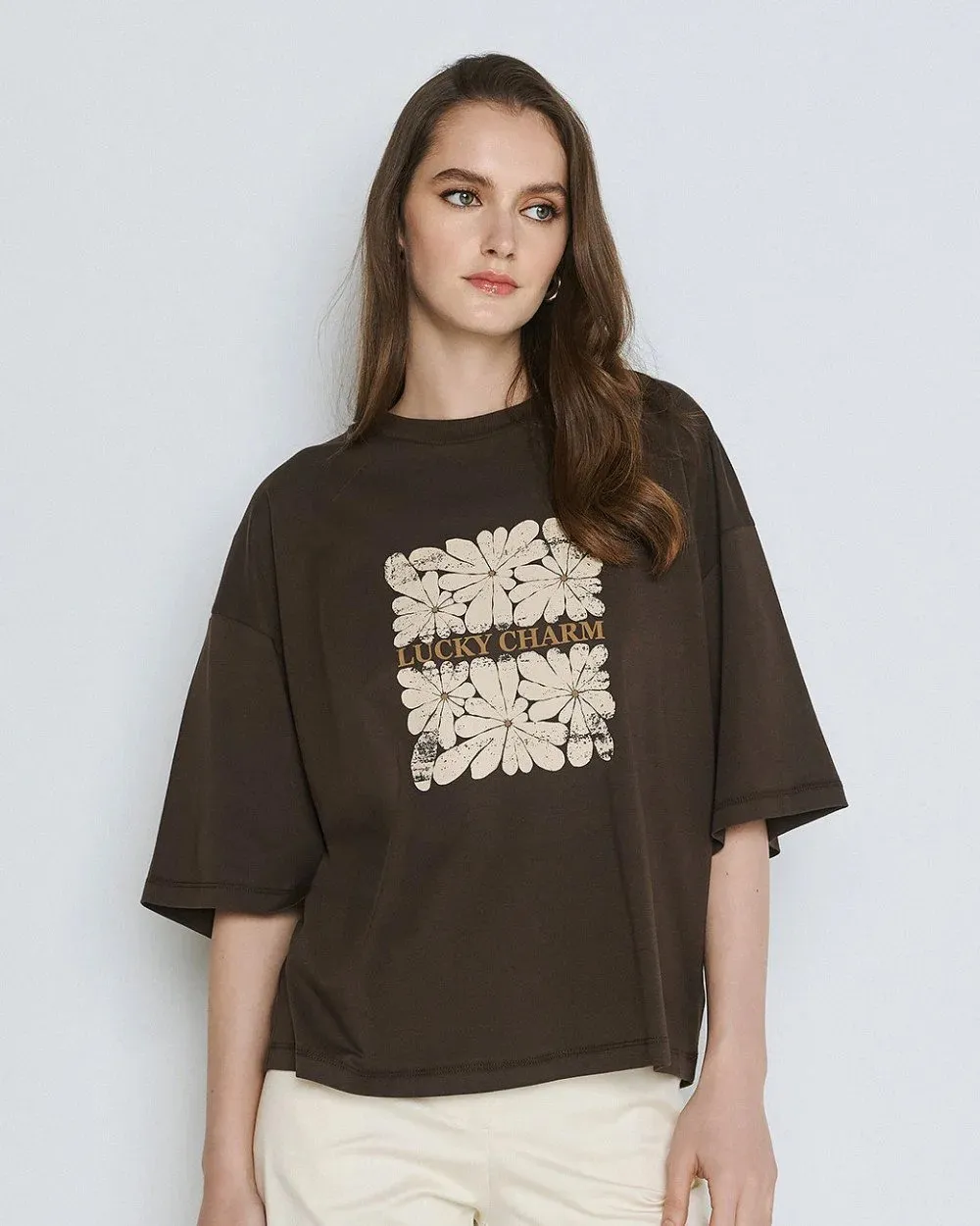 ACCESS - Γυναικείο T-shirt με τύπωμα φλοράλ 63-2007-COFFE