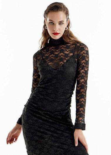 ACCESS - Γυναικείο Φόρεμα μακρύ ζιβάγκο δαντέλα 34-3327 Μαύρο