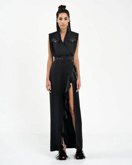 ACCESS - Γυναικείο Φόρεμα κρουαζέ με βολάν και τσέπες  43-3347 Black
