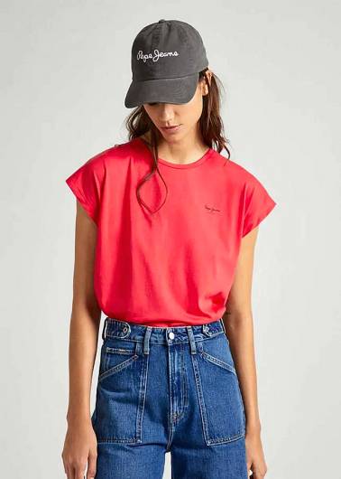 PEPE JEANS - Γυναικείο T-Shirt μονόχρωμο με ζαπονέ μανίκι και logo print PL504821 Κόκκινο
