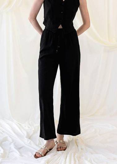 MIND MATTER - Λινή μαύρη παντελόνα με λάστιχο HANWELL MML24-01-03-010 BLACK