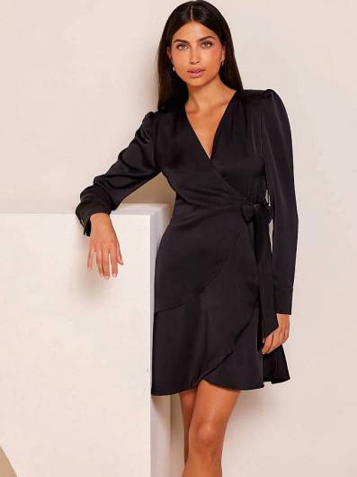 MIND MATTER - Γυναικείο Σατέν μίνι φόρεμα κιμονό LOUIZA P-24-07-03 Μαύρο